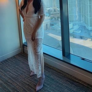 Deep V-Neck Lace Romper Short Sleeve Long Dress